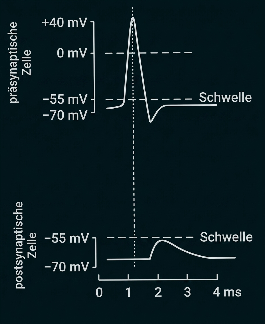 Diagramm mit präsynaptischem Aktionspotenzial und postsynaptischer kleiner Depolarisation, Schwellenlinien, Achsen: mV und ms.